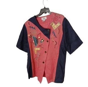 Ann Gerlin Vintage Linen Colorful Artsy Blouse Plus Size Ladies 18 ART TEACHER